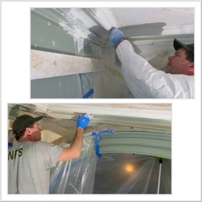 NPS employee working on a ceiling and molding.