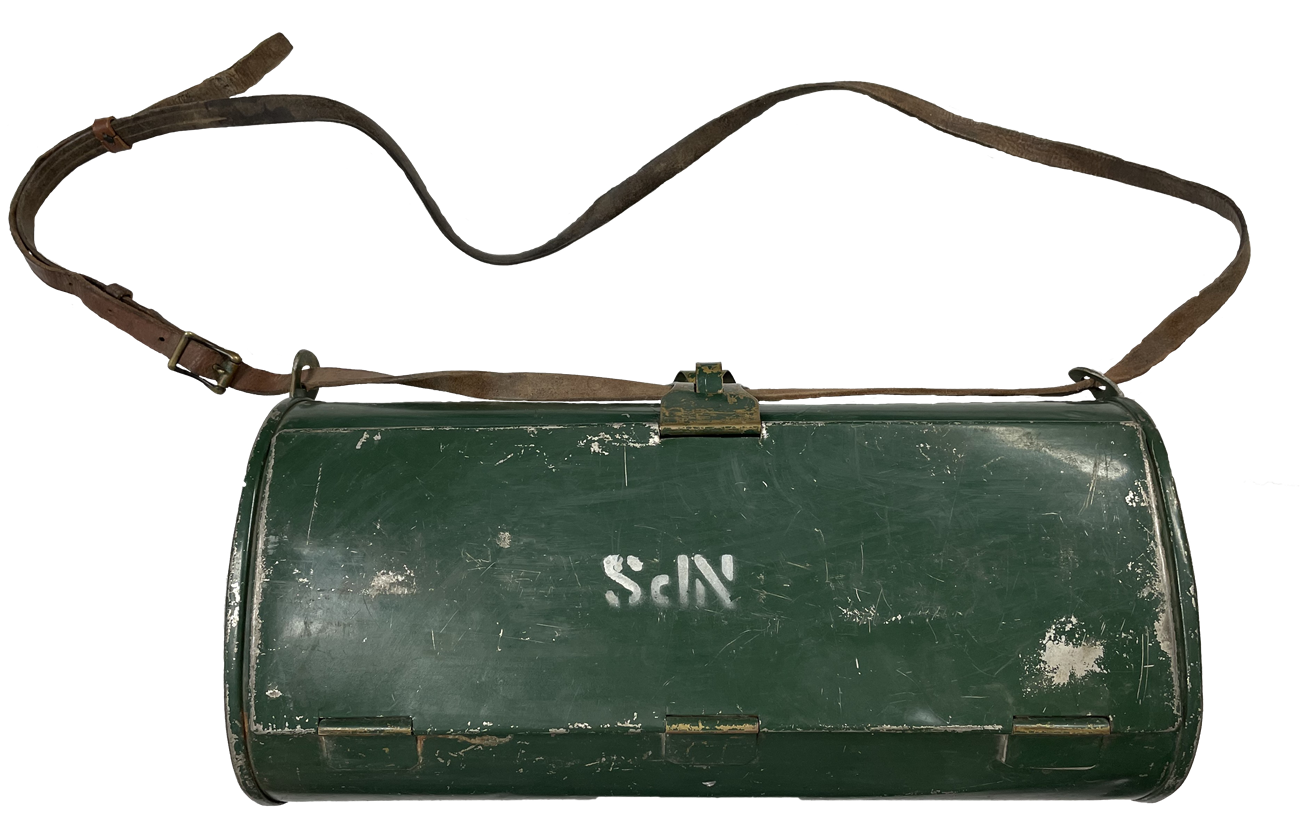 Green oval container with NPS painted in white and a leather strap