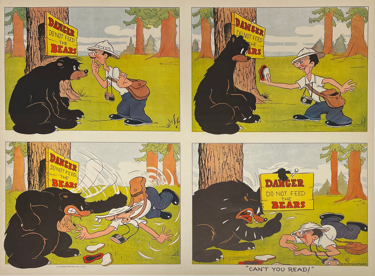 4 panel cartoon about man feeding a bear