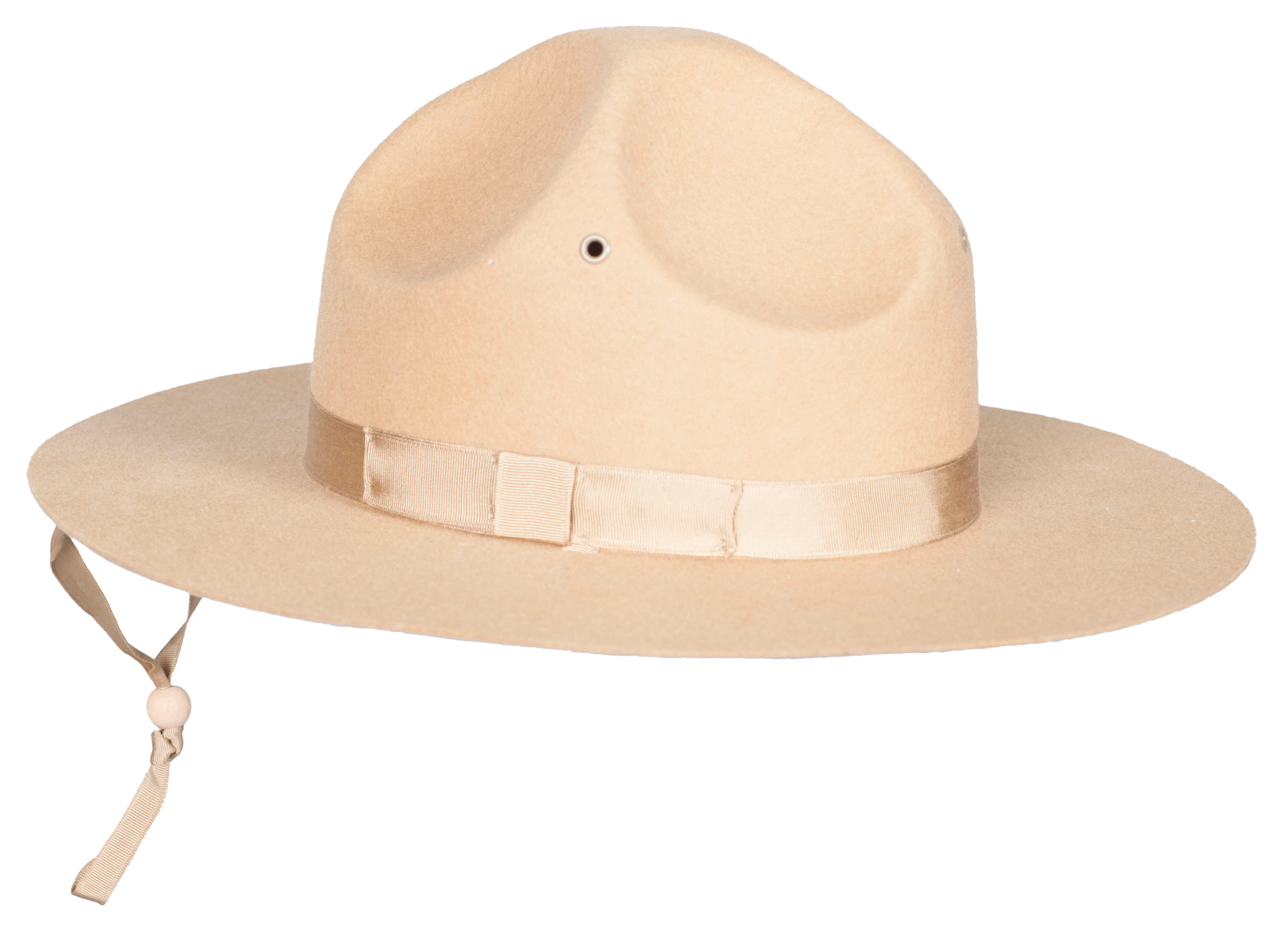 Broad-brimmed beige hat with ribbon chin strap