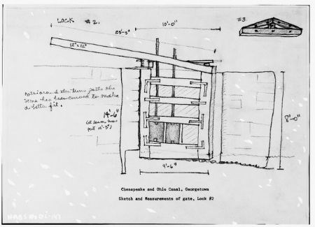 Old black and white sketch of a miter lock.