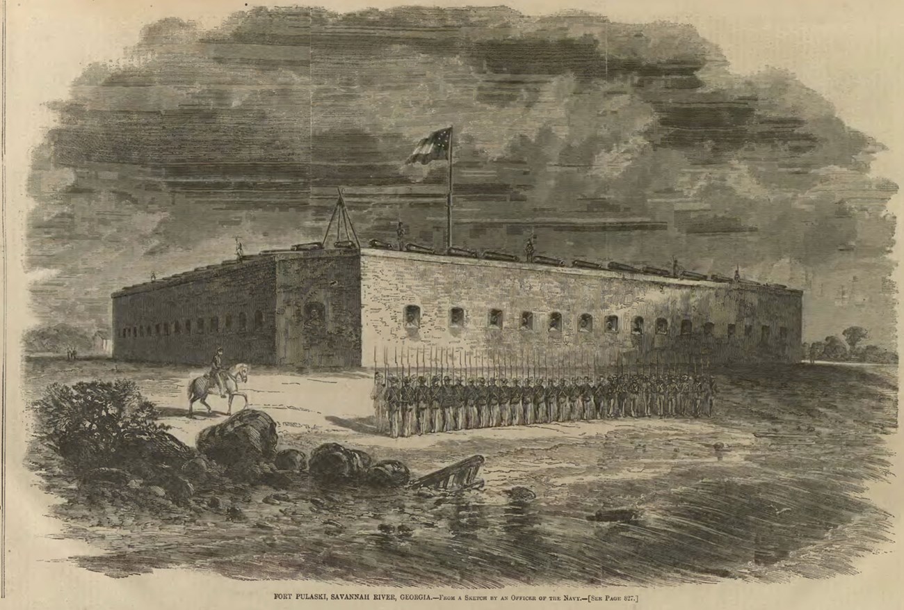 Sketch drawing of soldiers lined up in front of a large brick building.