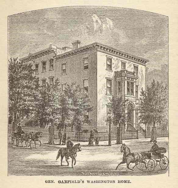 drawing of a home that is on the corner two streets and there are horses and people passing by in front