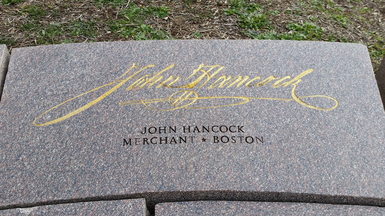 John Hancock engraved stone in 56 Signers memorial
