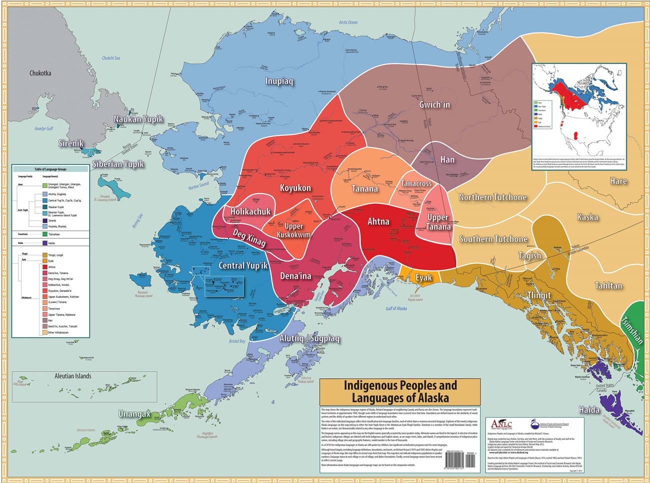 A map the Alaska depicting indigenous groups and languages across the state.