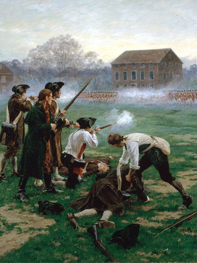 Five colonial men firing muskets at a line of British soldiers.
