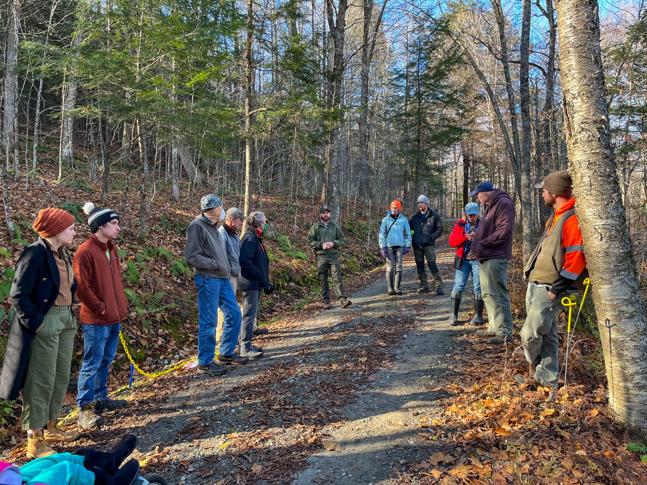 park ranger talks to group of people in forest about forest management