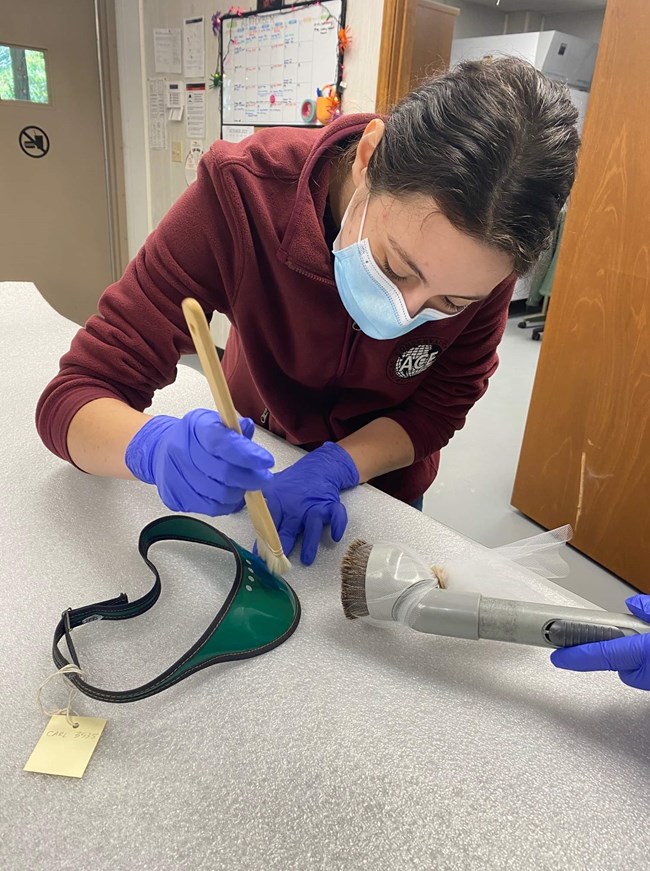 Madi cleaning one of Carl Sandburg's iconic green visors