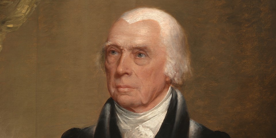 A close-up view of an elderly James Madison