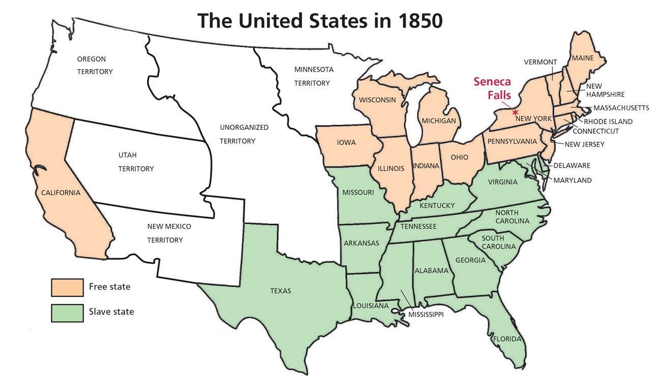 A map of the United States in 1850 showing the states and territories. It is color coded to show free states and slave states. Seneca Falls is marked with a star.