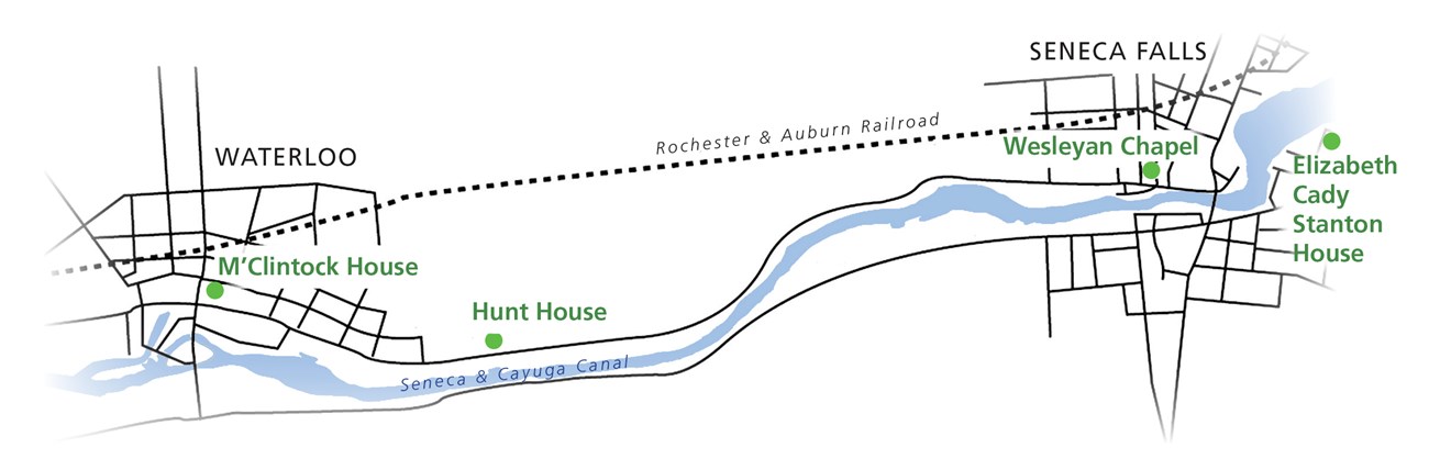 map showing key locations from the Women's Rights Movement in Waterloo and Seneca Falls