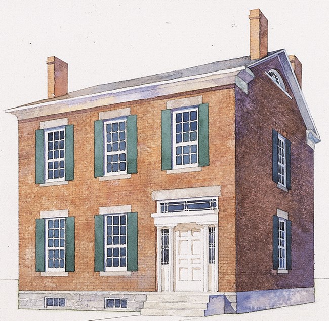 Illustration of a two-story red brick house with green shutters