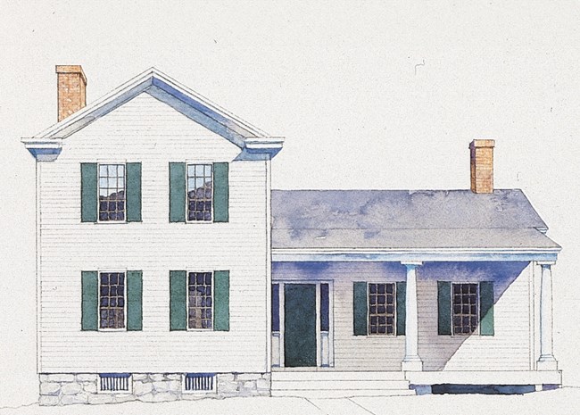 Illustration of a two-story white house with green shutters