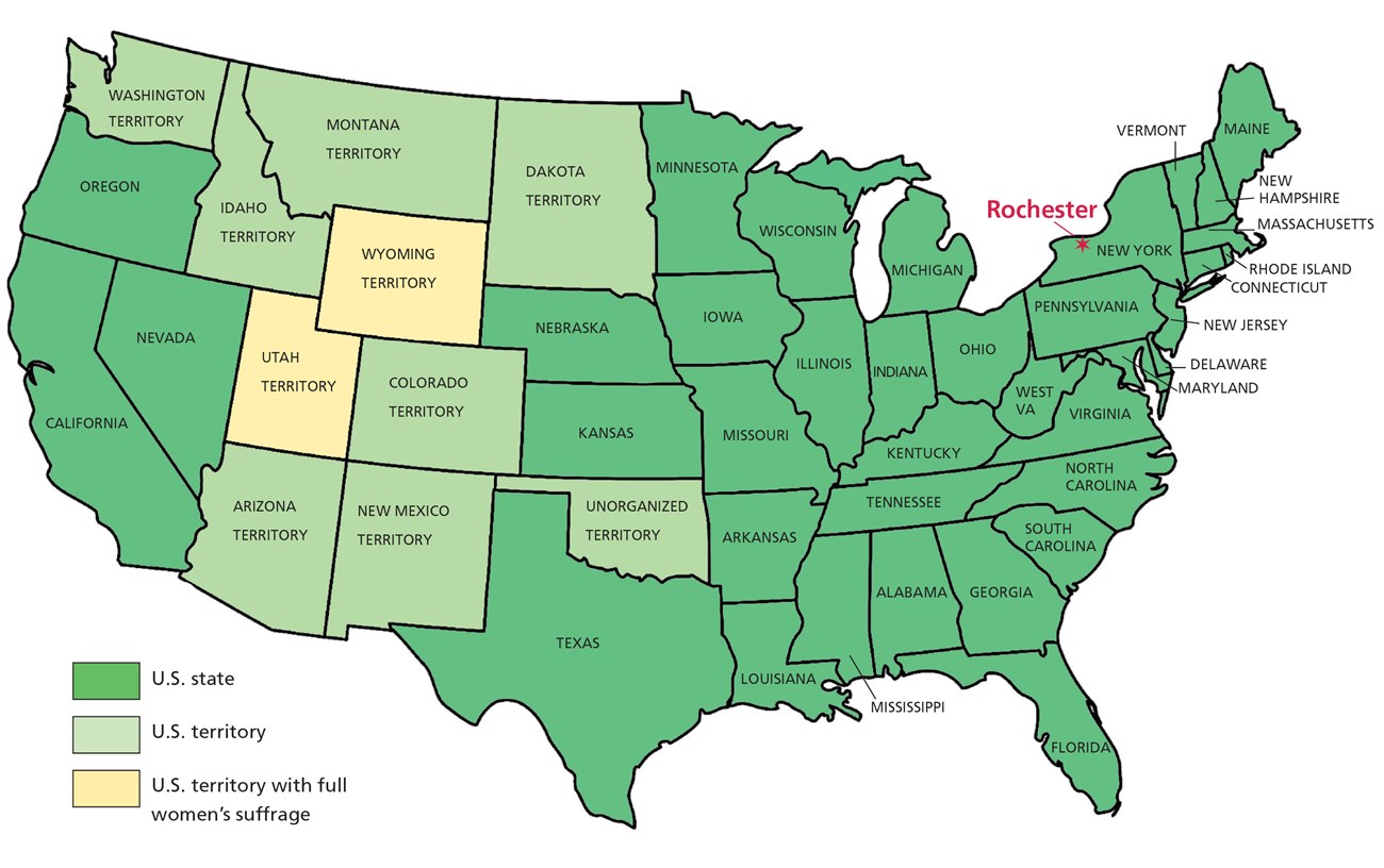 Map of the United States in 1870 showing states and territories and territories with women's suffrage