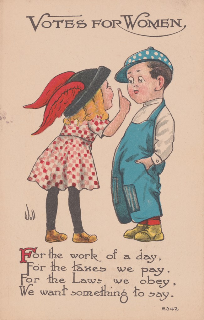 Postcard labelled Votes for Women. A girl lectures a boy.