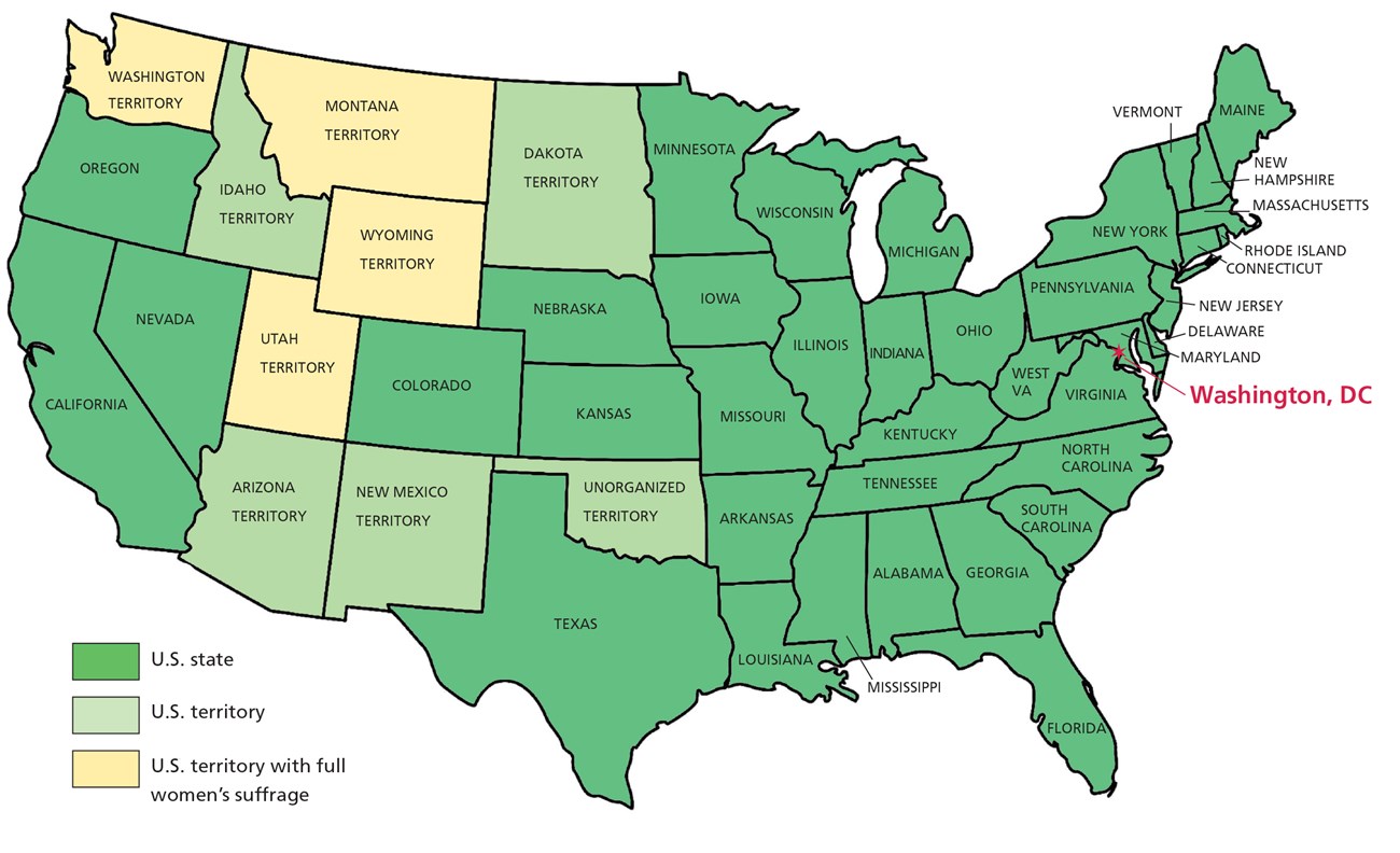 Map of 1888 U.S. with Washington D.C. starred.