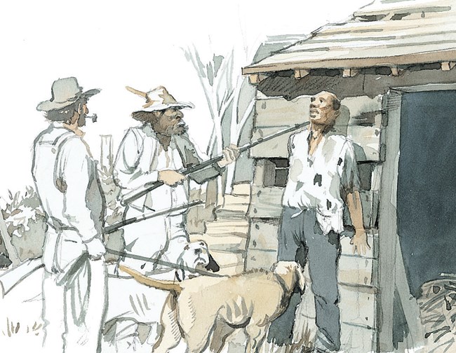 Drawing of an enslaved black man being pushed against a cabin by two white men, a dog, and stick