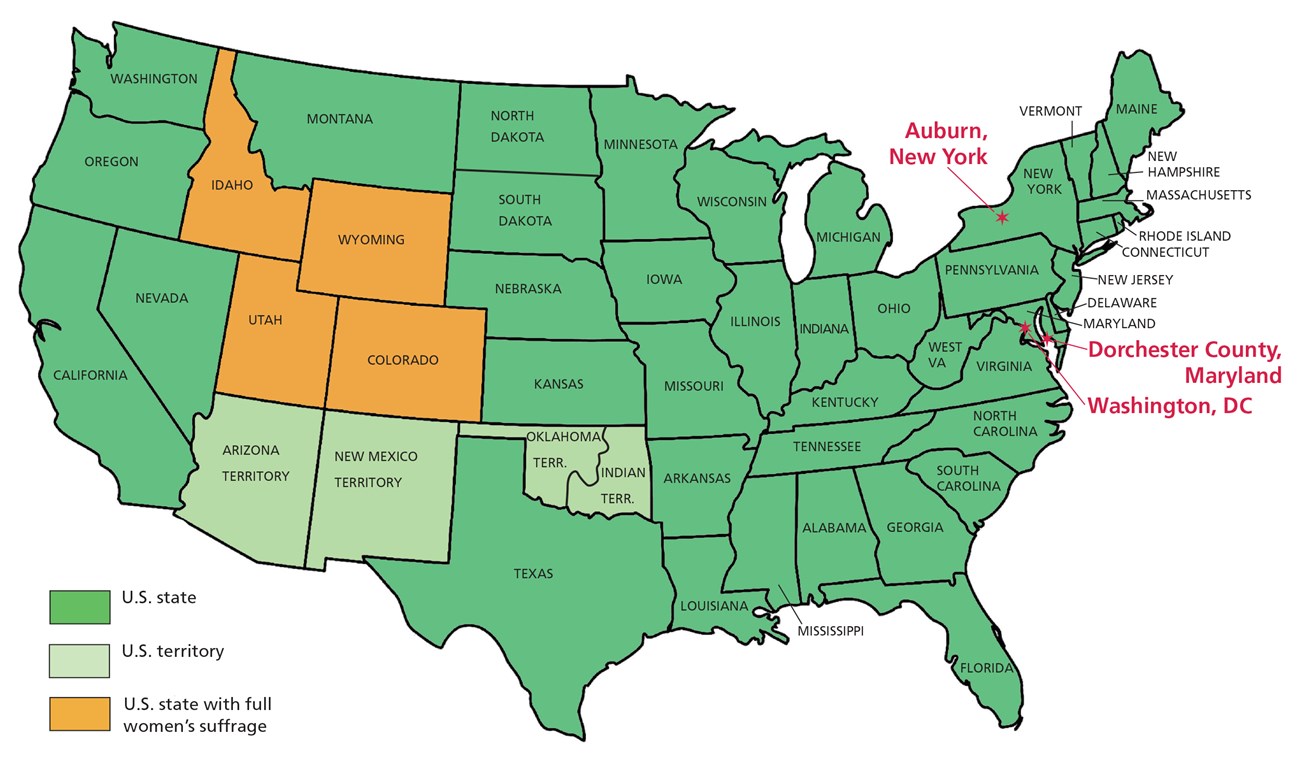 map of the United States showing states, territories, and women's suffrage