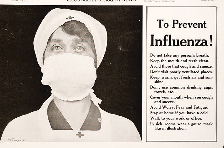 White woman wearing a nurse's uniform and a mask. Text says: To Prevent Influenza"