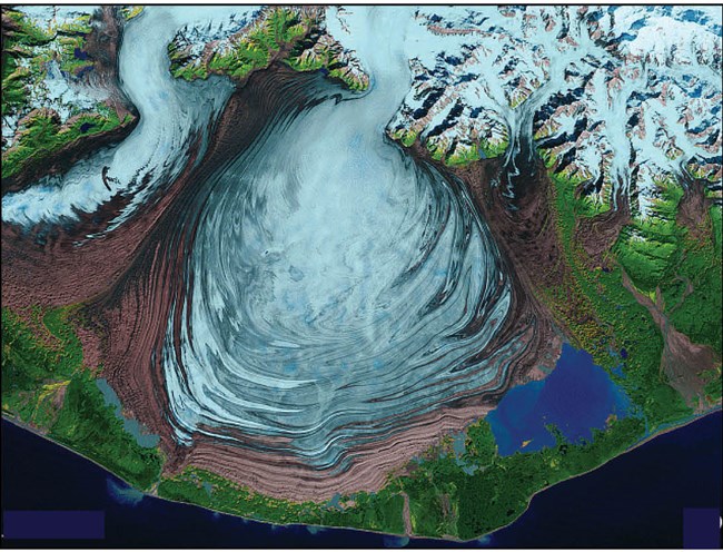 A colored satellite image of Malaspina Glacier.