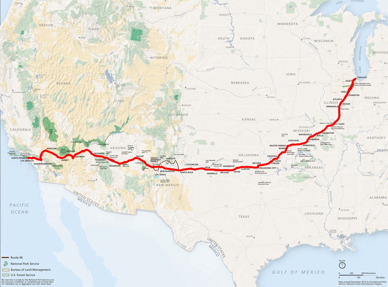 A map of the U.S. with route 66 highlighted in red.