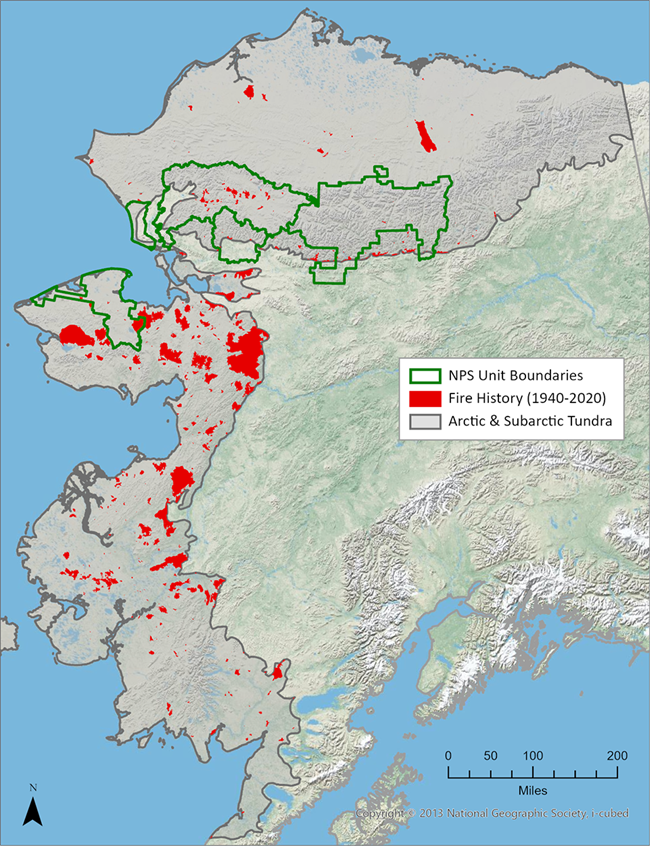 Map showing fire perimeters in juxtaposition with NPS boundaries and extent of tundra.