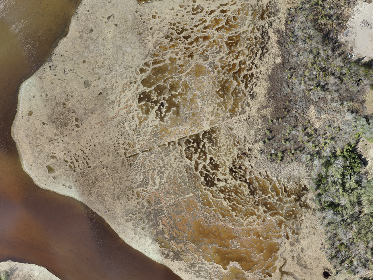 Brown and tan aerial image of a coastal area taken with scientific equipment