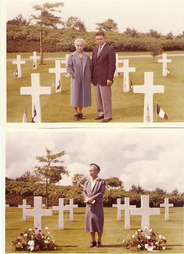 Top image of a women in a long coat and a man in a suit standind in a cemetery full of crosses. Bottom image, the woman stands alone in the cemetery.