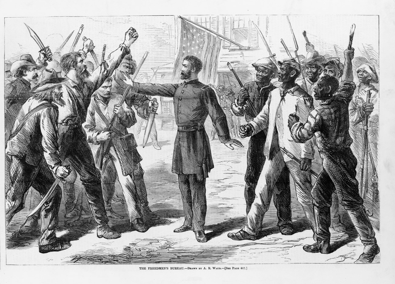 A white man in uniform stands between an angry crowd of white men and an angry crowd of Black men.