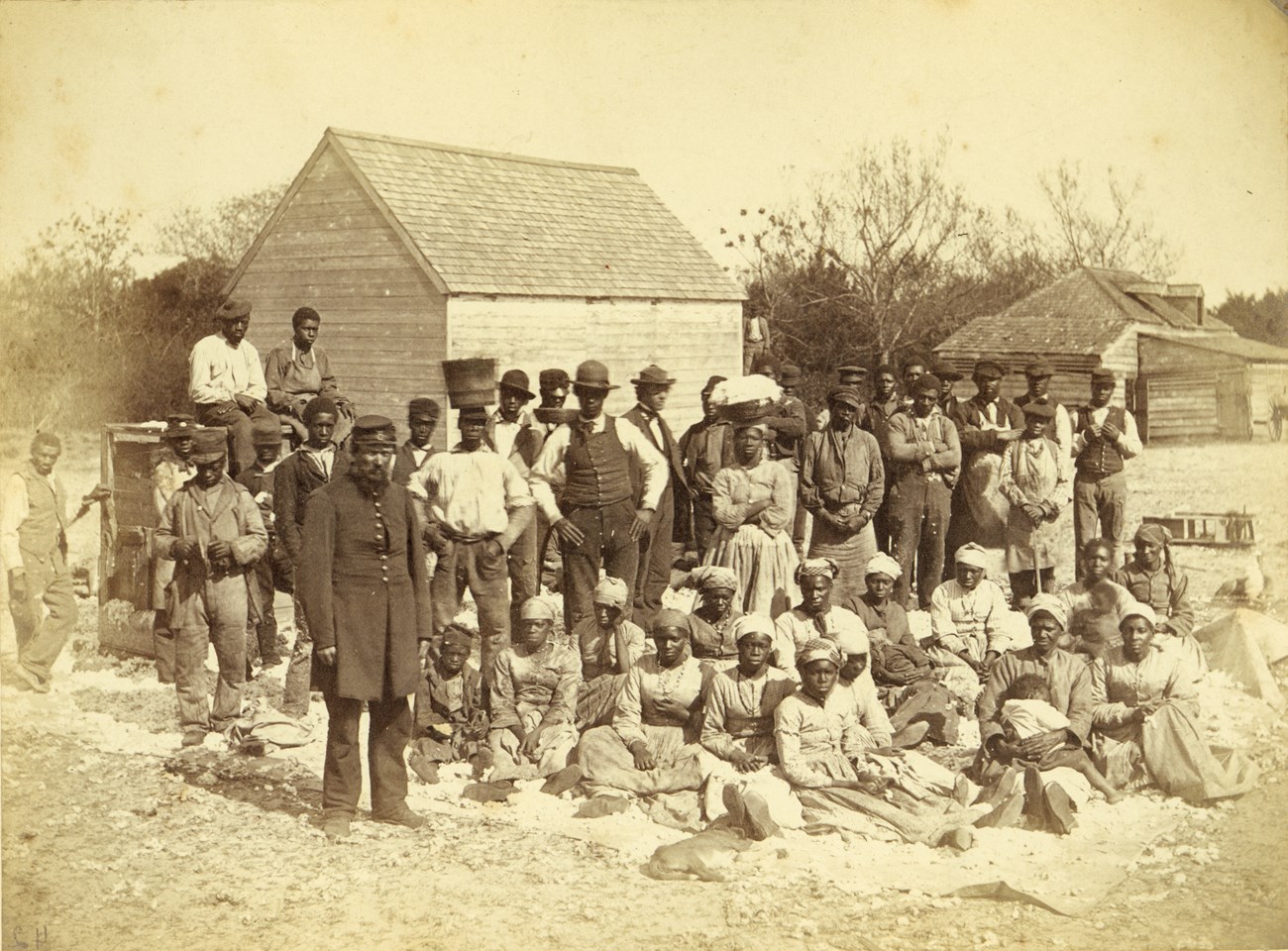 A large group of workers stand and sit on a pile of cotton.