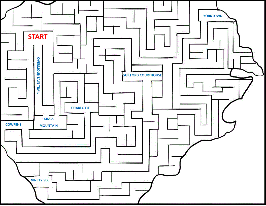 A drawing of a maze with several sites from the Southern Campaign written on it.