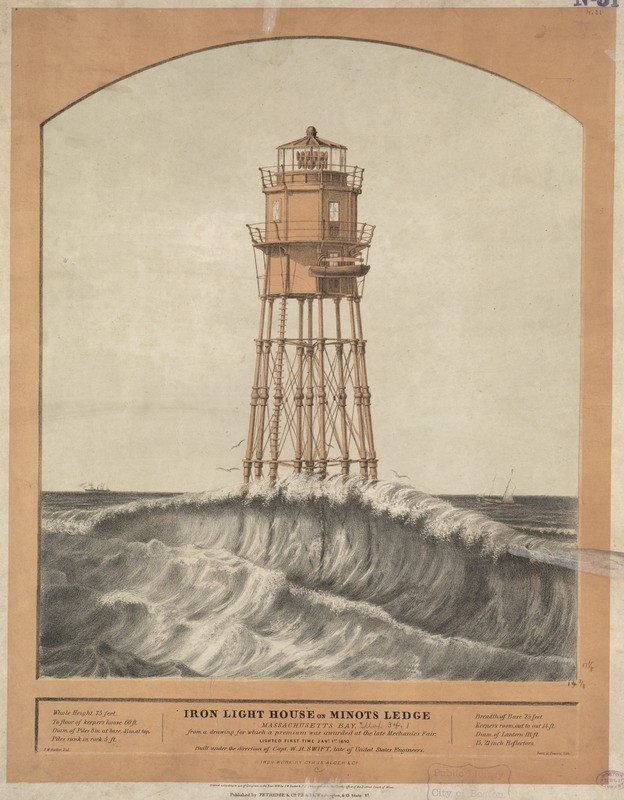 Drawing of a  lighthouse, a structure built on beams high over a rough sea