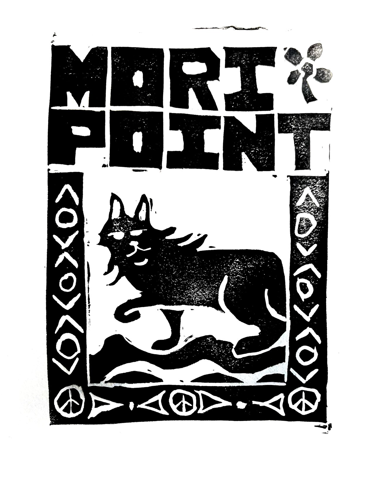 Scanned print featuring "Mori Point" across the top in stylized, blocky lettering, with a flower shape between the two words. Below is the shape of a big cat walking, turning to look, inside a black frame patterned with lines and circles.