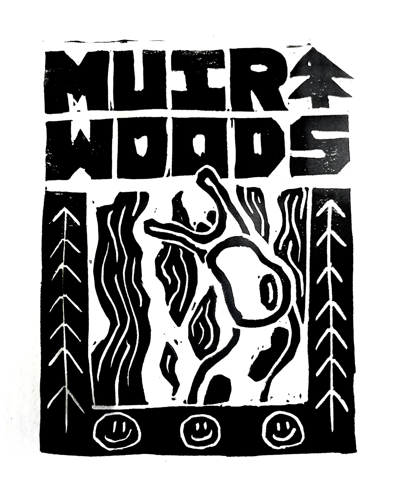Scanned print featuring "Muir Woods" in stylized, blocky lettering and a similarly styled tree shape across the top. Below is a slug on tree bark, with one of its front eye stalks overlapping the lettering above.