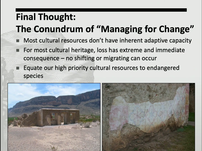 Photos of deteriorating buildings; cultural resources do not have inherent adaptive capacity, equate these with endangered species.