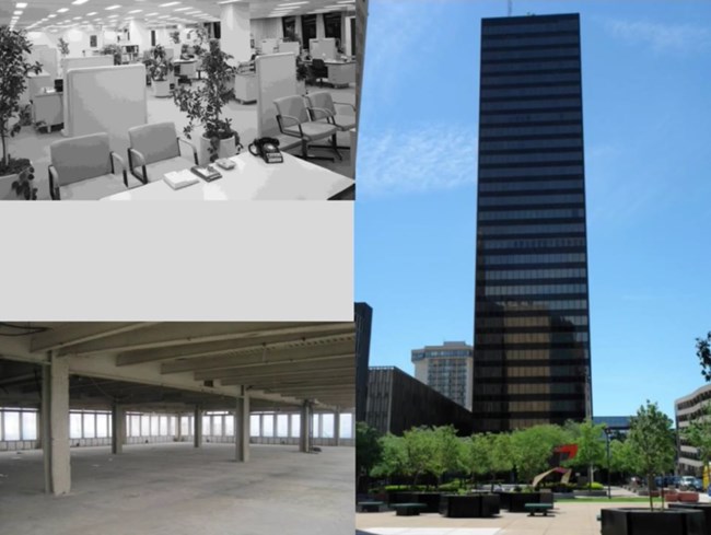 Left shows a historic office view, on the right Fiberglas Tower, and on the left, vacant space today. Fiberglas Tower today requires tax credits to make it a viable development project.