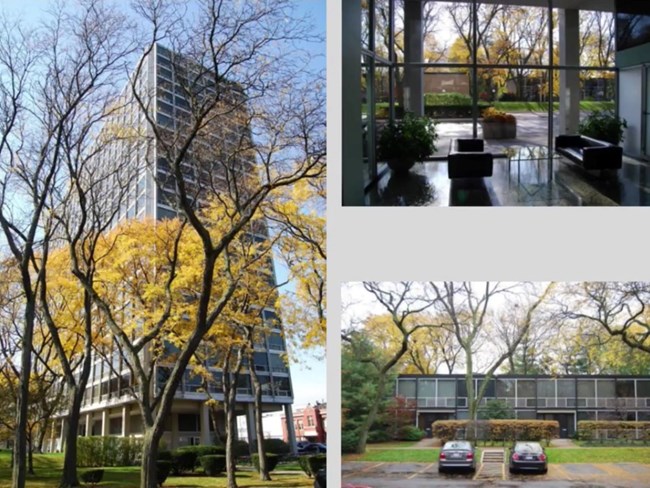 Photos of the outside and inside of one of the newly conserved Lafayette Park Towers.