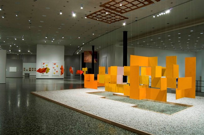 A few suspended three dimensional colorful pieces of art.