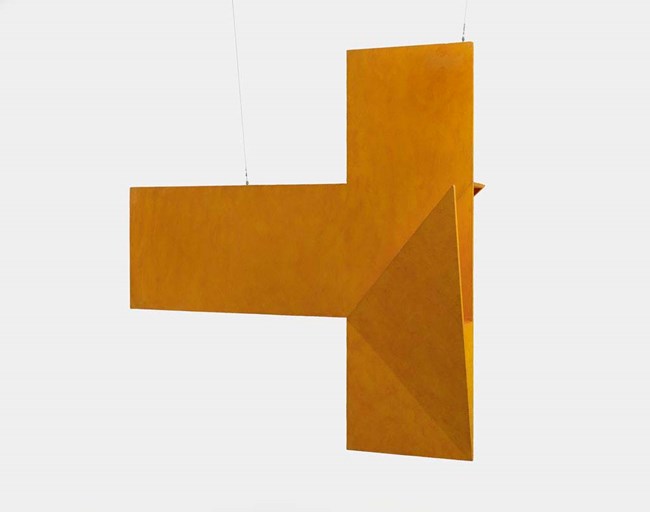 Rectangular yellow wood piece suspended like an inverted capital T.