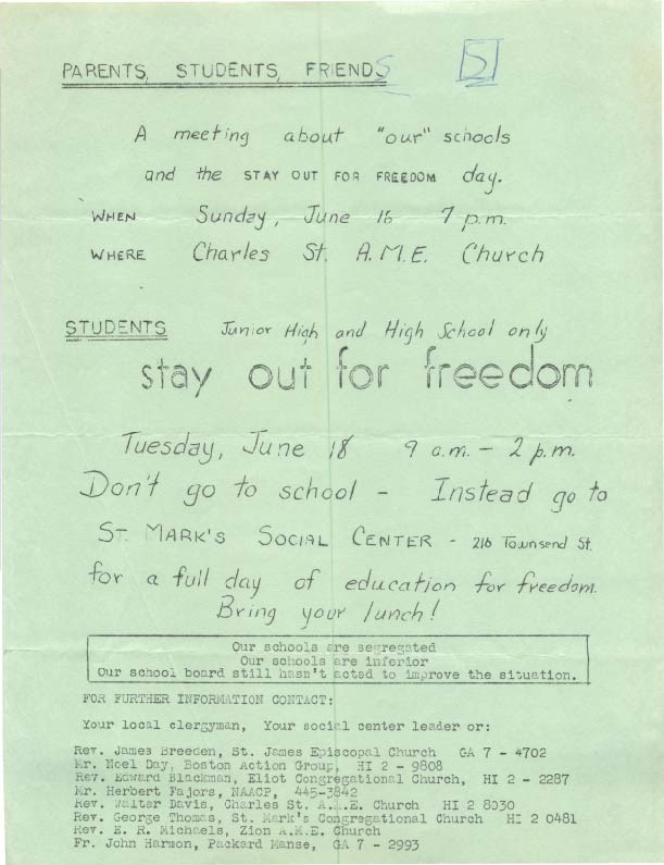 Green flyer with handwritten words advertising "Stay Out for Freedom" School boycotts
