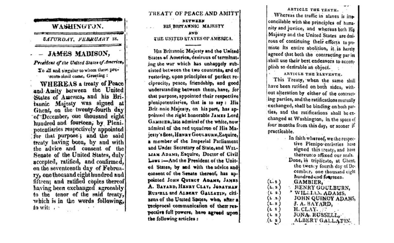 Three newspaper clippings that talk about the treaty of Ghent