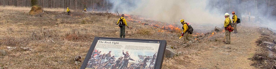 A wayside exhibit and firefighters using driptorches to ignite vegetation.