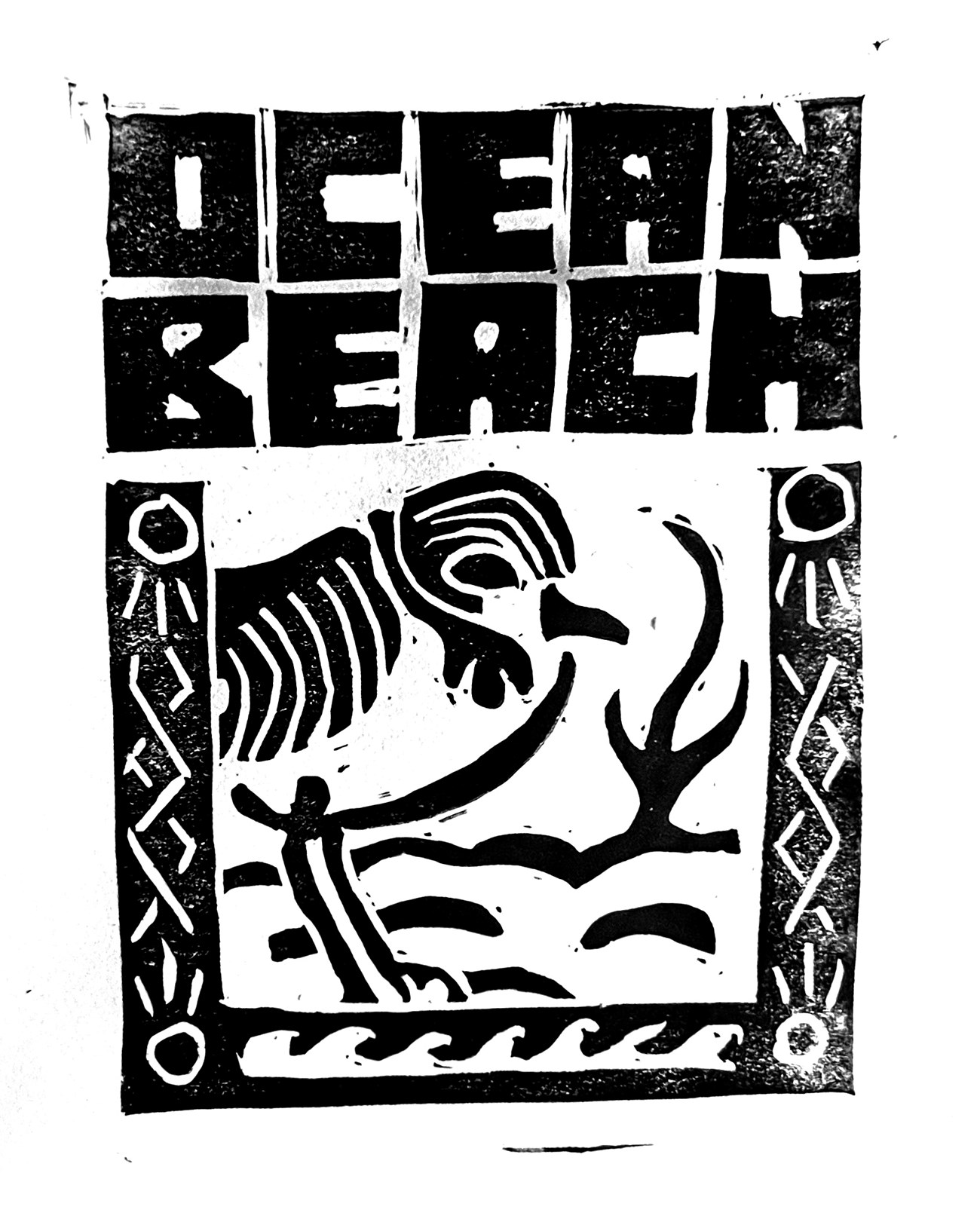 Scanned print, with "Ocean Beach" in stylized, blocky lettering across the top. Below is a plover standing in the sand inside a frame patterned with lines and icons of the sun and waves.