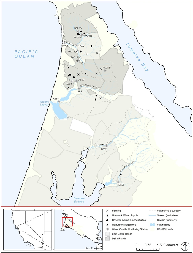 Map of the watersheds, ranching activity, best practices implementation measures, and water quality monitoring stations on the Point Reyes peninsula.