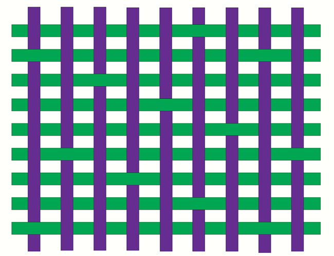 Diagram with purple vertical stripes and green horizontal stripes. The stripes are woven together so that the purple stripe goes under one purple stripe then over 6.