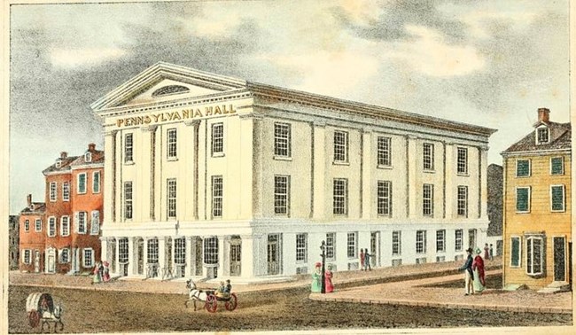 Exterior of Pennsylvania Hall, 1838 colored drawing