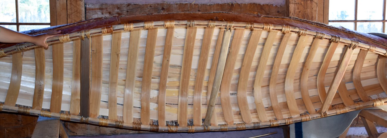 Interior of a cedar-lined canoe.