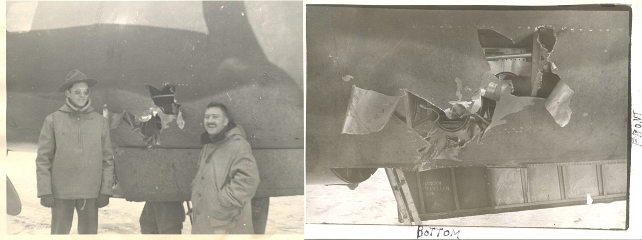 Two photos: two men in front of a hole in an airplane; close up of same hole.