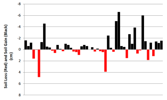 Distribution of soil loss or gain is represented in cm, with black positive above 0, and red as loss below 0.