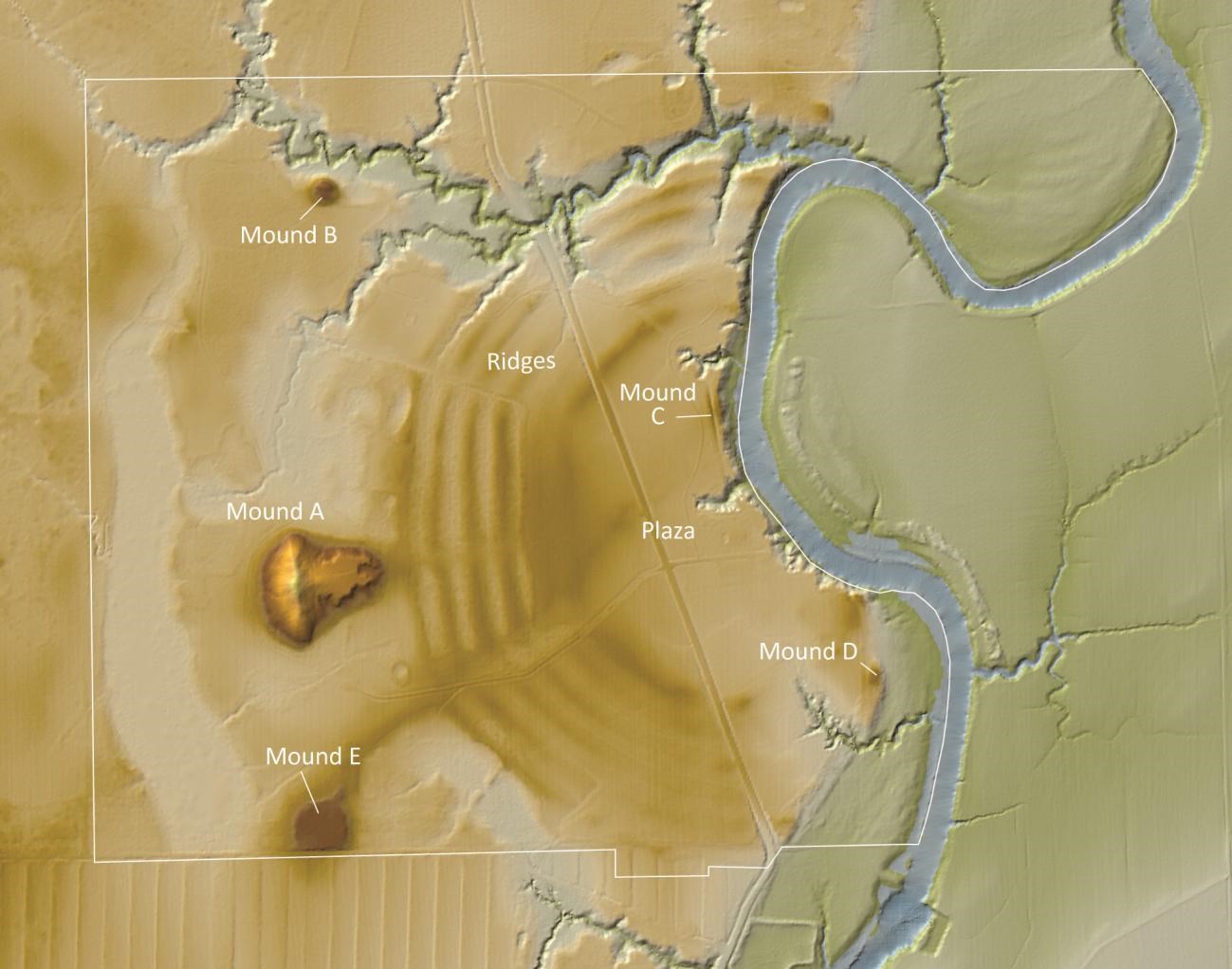 Figure 2: A LiDAR map of Poverty Point, with earthworks labeled. Mound A, the largest, lies to the west, Mound B lies to the north along a tributary waterway, and Mound E lies to the south. Amphitheatre shaped earthworks in a handful of segments, terraced